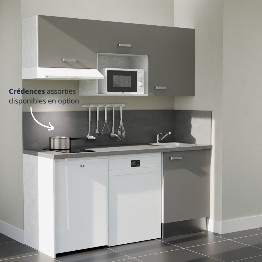 K55L-PT : Kitchenette 180 cm Gris, plan de travail gris, cuve inox