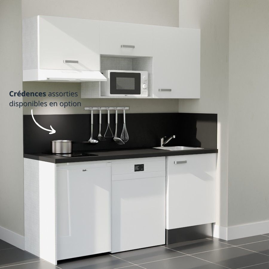 K55L-PT : Kitchenette 180 cm Blanc, plan de travail noir, cuve inox