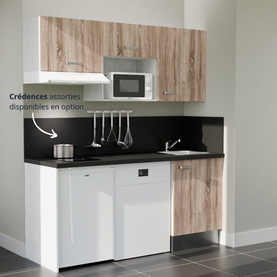 K55L-PT : Kitchenette 180 cm Chêne, plan de travail noir, cuve inox