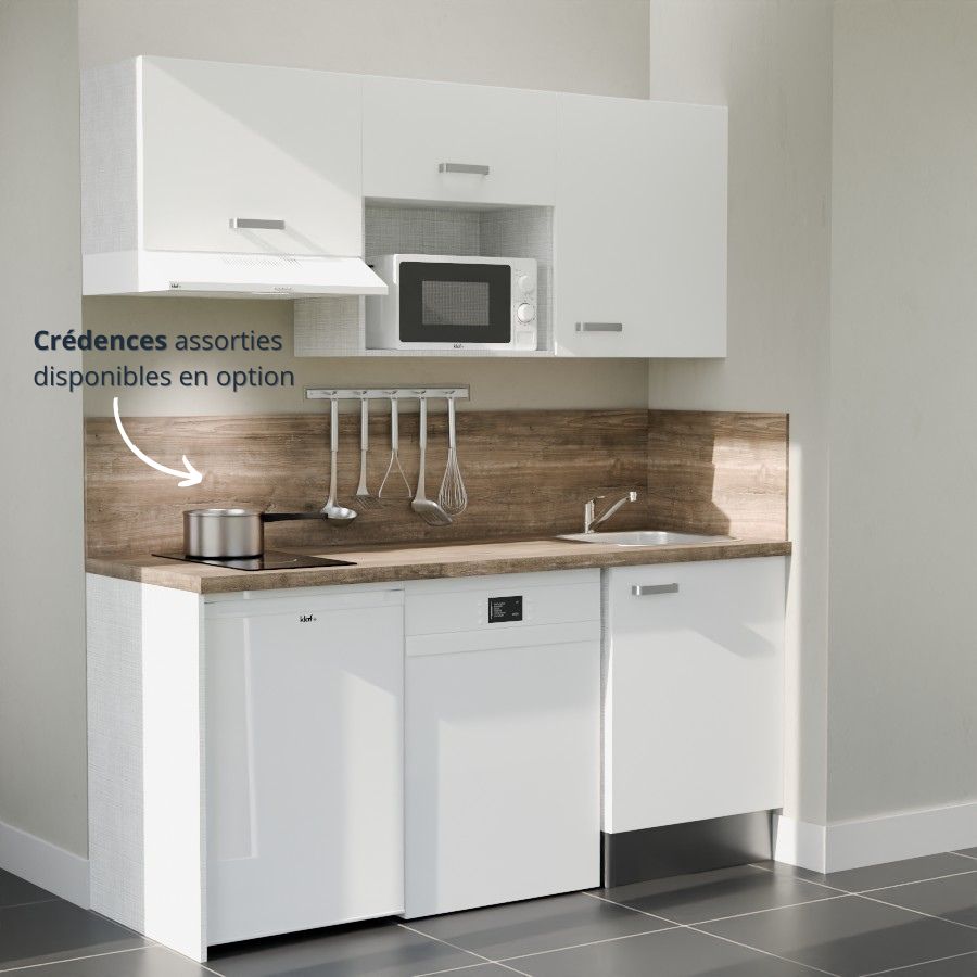 K55L-PT : Kitchenette 180 cm Blanc, plan de travail chêne, cuve inox