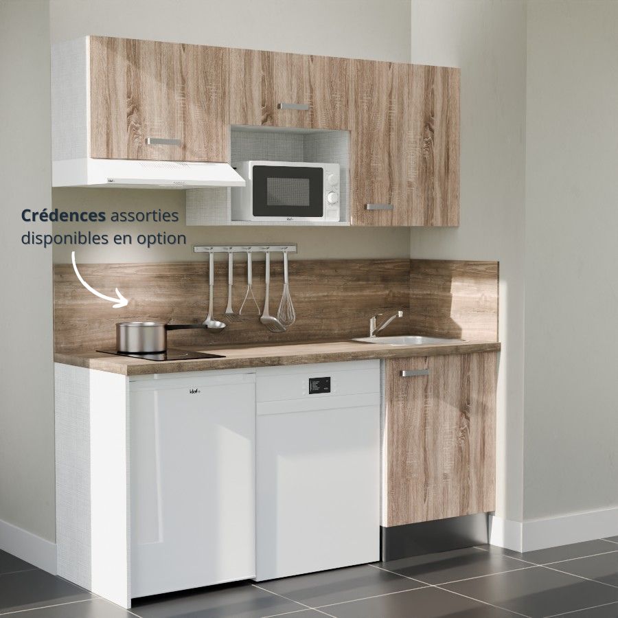 K55L-PT : Kitchenette 180 cm Chêne, plan de travail chêne, cuve inox