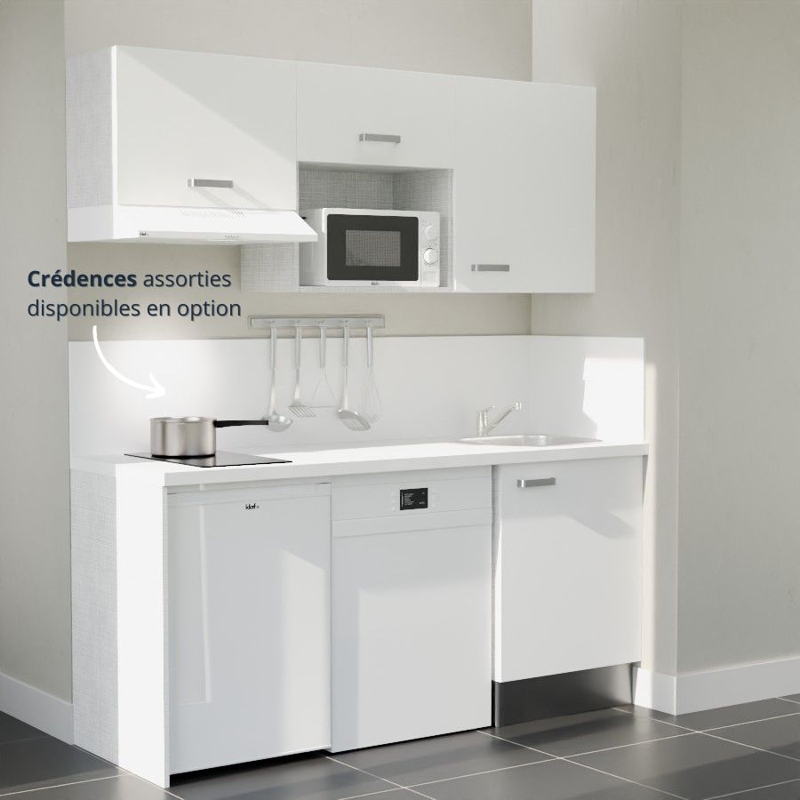 K55L-PT : Kitchenette 180 cm Blanc, plan de travail blanc, cuve inox