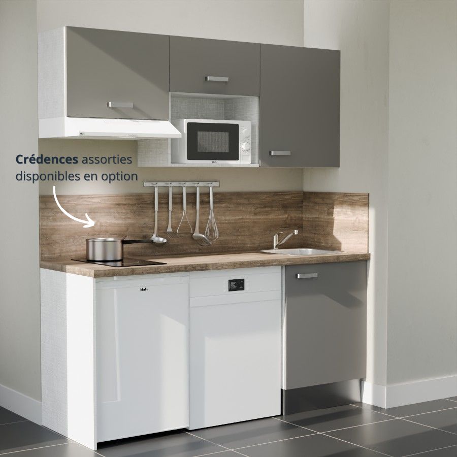 K55L-PT : Kitchenette 180 cm Gris, plan de travail chêne, cuve inox