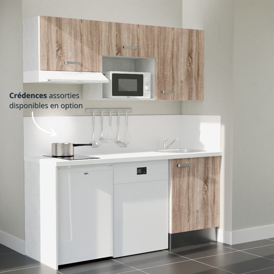 K55L-PT : Kitchenette 180 cm Chêne, plan de travail blanc, cuve inox