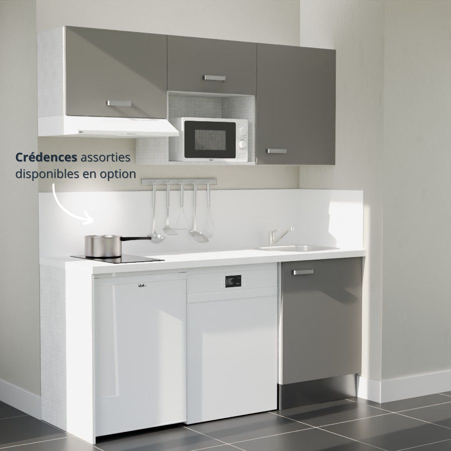 K55L-PT : Kitchenette 180 cm Gris, plan de travail blanc, cuve inox