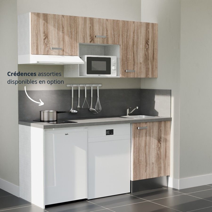 K55L-PT : Kitchenette 180 cm Chêne, plan de travail gris, cuve inox