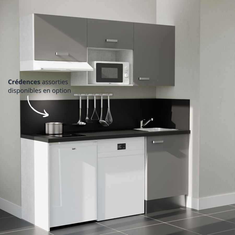 K55L-PT : Kitchenette 180 cm Gris, plan de travail noir, cuve inox