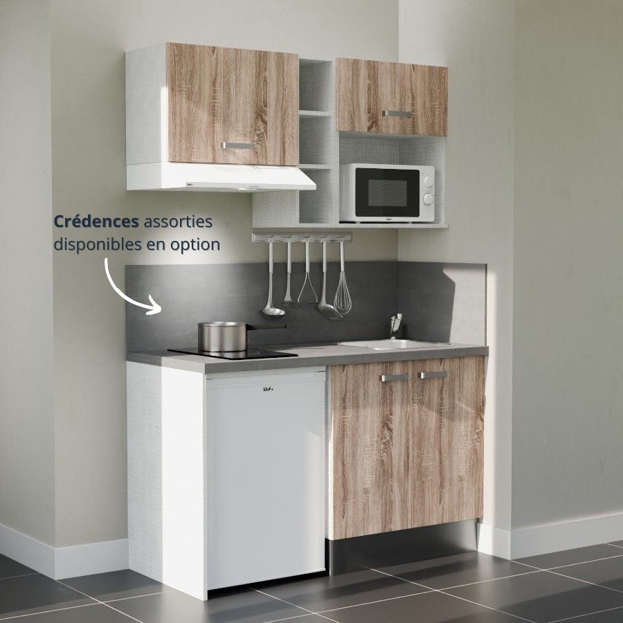 K13L-PT : Kitchenette 140 cm Chêne, plan de travail gris, cuve inox