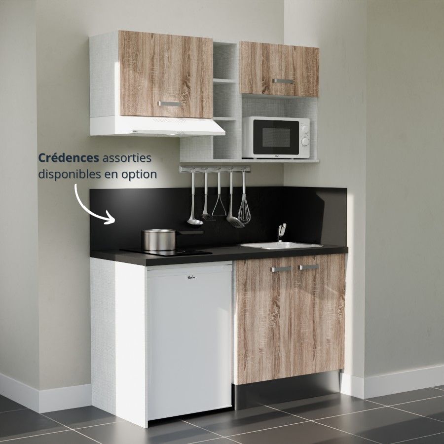 K13L-PT : Kitchenette 140 cm Chêne, plan de travail noir, cuve inox