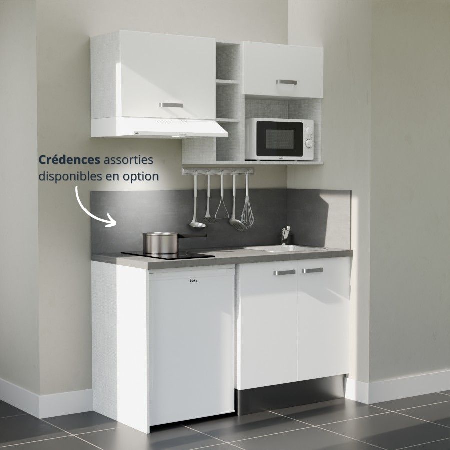 K13L-PT : Kitchenette 140 cm Blanc, plan de travail gris, cuve inox