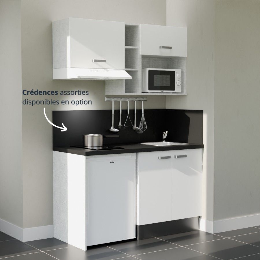 K13L-PT : Kitchenette 140 cm Blanc, plan de travail noir, cuve inox