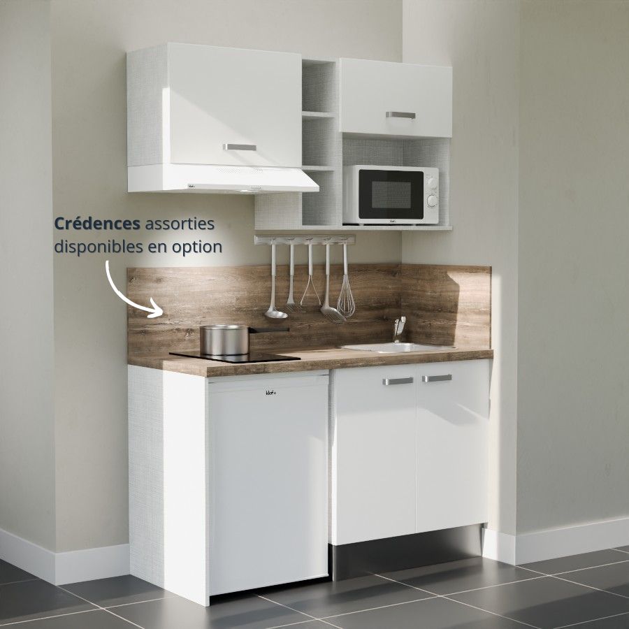 K13L-PT : Kitchenette 140 cm Blanc, plan de travail chêne, cuve inox