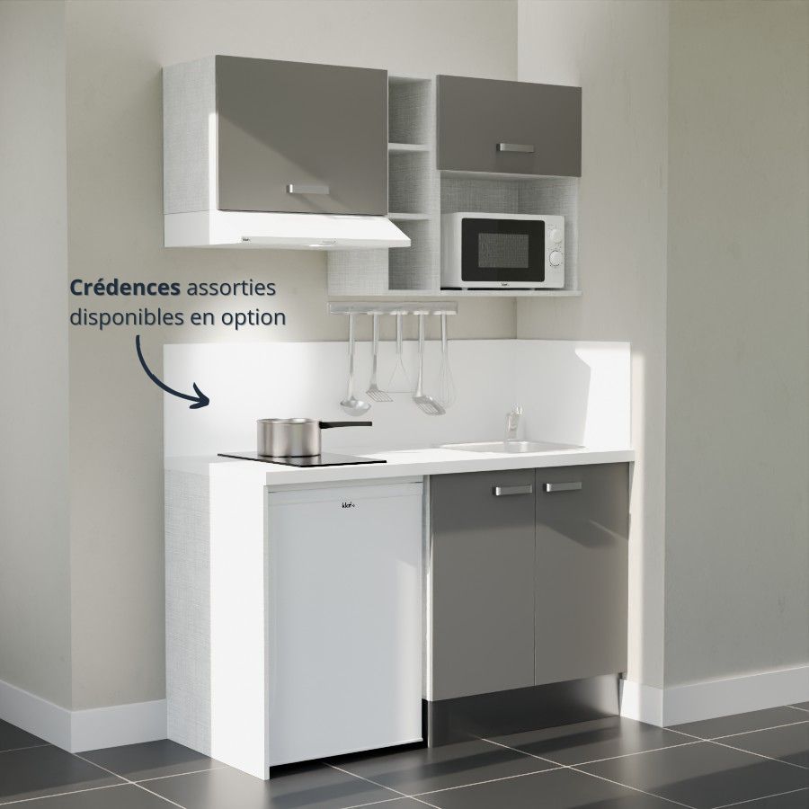 K13L-PT : Kitchenette 140 cm Gris, plan de travail blanc, cuve inox