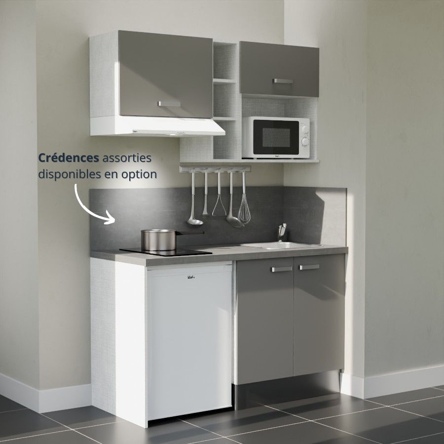 K13L-PT : Kitchenette 140 cm Gris, plan de travail gris, cuve inox