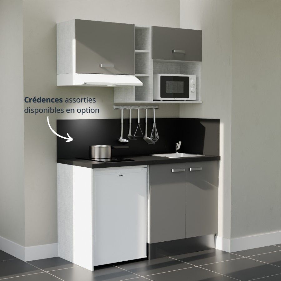 K13L-PT : Kitchenette 140 cm Gris, plan de travail noir, cuve inox