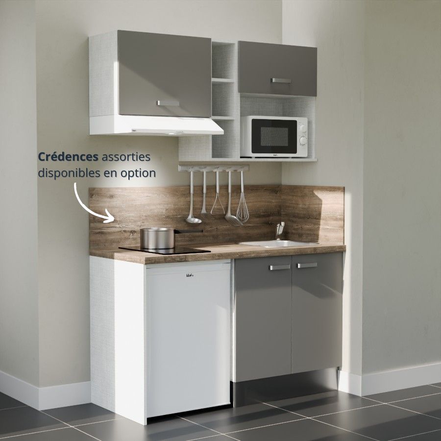 K13L-PT : Kitchenette 140 cm Gris, plan de travail chêne, cuve inox