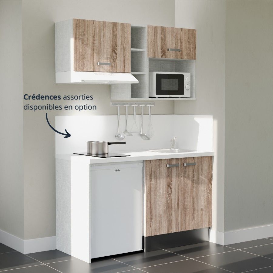 K13L-PT : Kitchenette 140 cm Chêne, plan de travail blanc, cuve inox