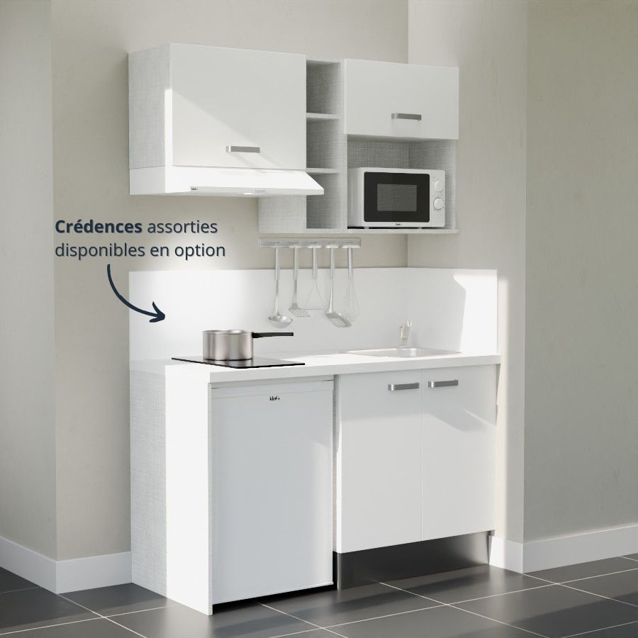 K13L-PT : Kitchenette 140 cm Blanc, plan de travail blanc, cuve inox