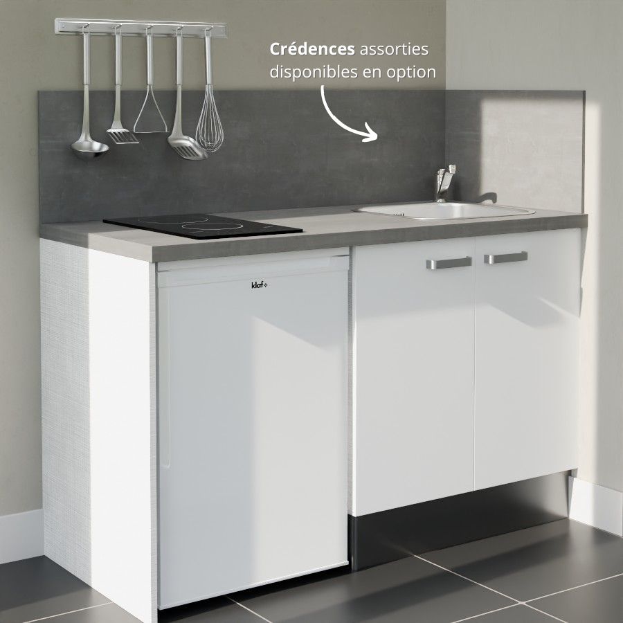 K17L-PT : Kitchenette 140 cm Blanc, plan de travail gris, cuve inox