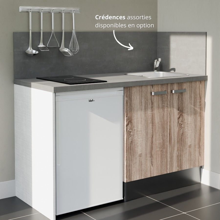 K17L-PT : Kitchenette 140 cm Chêne, plan de travail gris, cuve inox