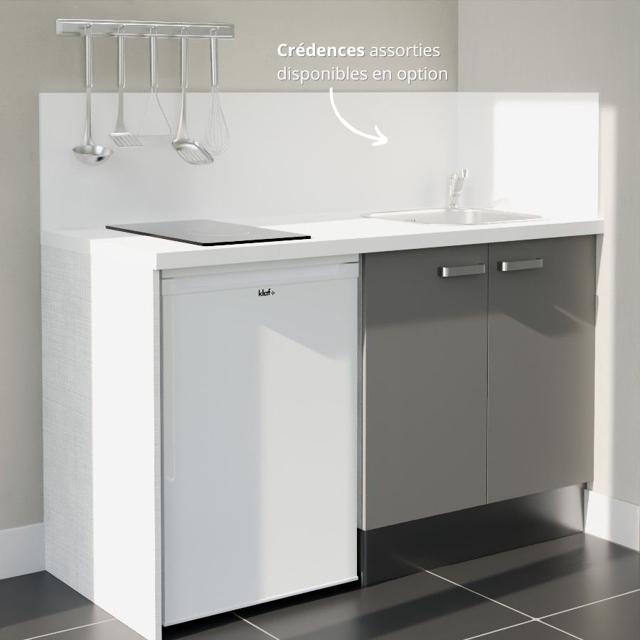 K17L-PT : Kitchenette 140 cm Gris, plan de travail blanc, cuve inox