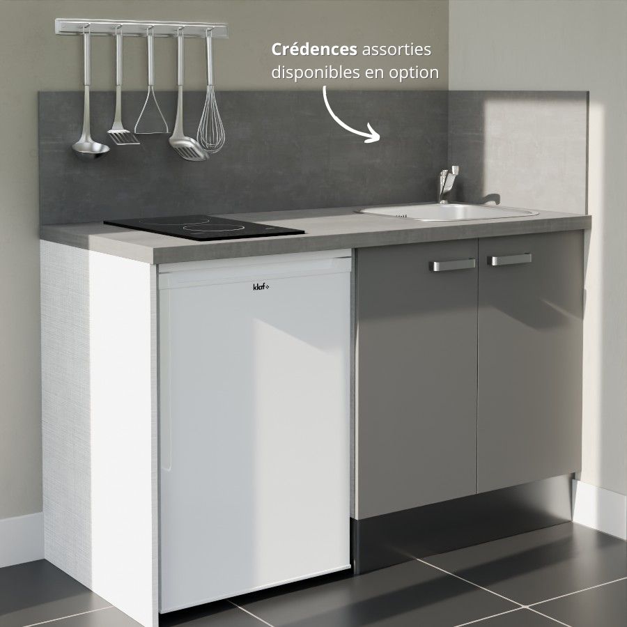 K17L-PT : Kitchenette 140 cm Gris, plan de travail gris, cuve inox