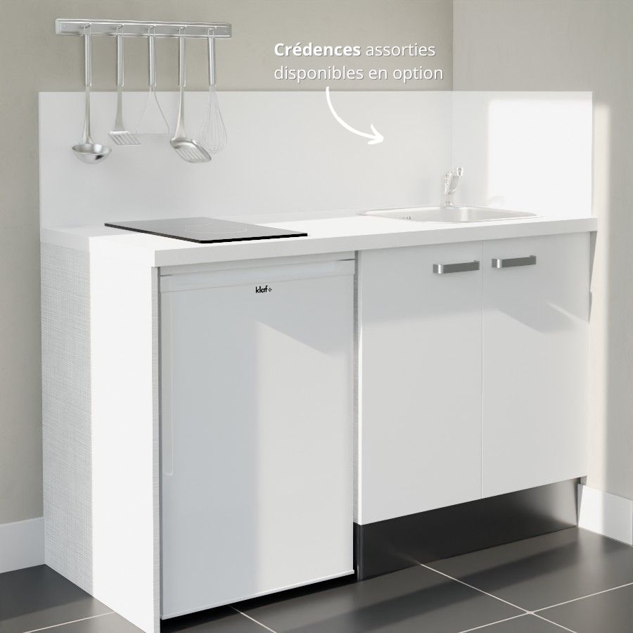 K17L-PT : Kitchenette 140 cm Blanc, plan de travail blanc, cuve inox