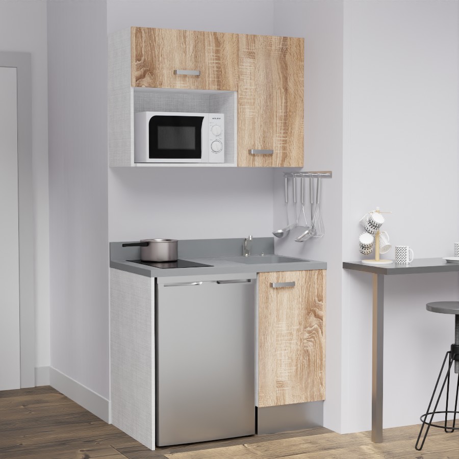 K00L : Kitchenette 100 cm Chêne, plan de travail monobloc évier à droite Cromo