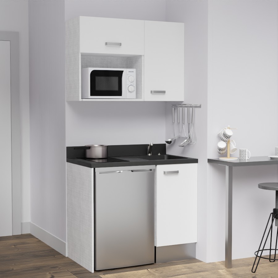 K00L : Kitchenette 100 cm Blanc, plan de travail monobloc évier à droite Nero