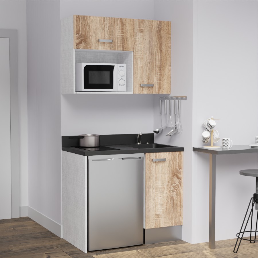 K00L : Kitchenette 100 cm Chêne, plan de travail monobloc évier à droite Nero