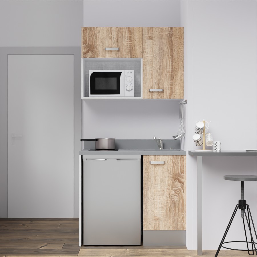 K00L : Kitchenette 100 cm Chêne, plan de travail monobloc évier à droite Cromo