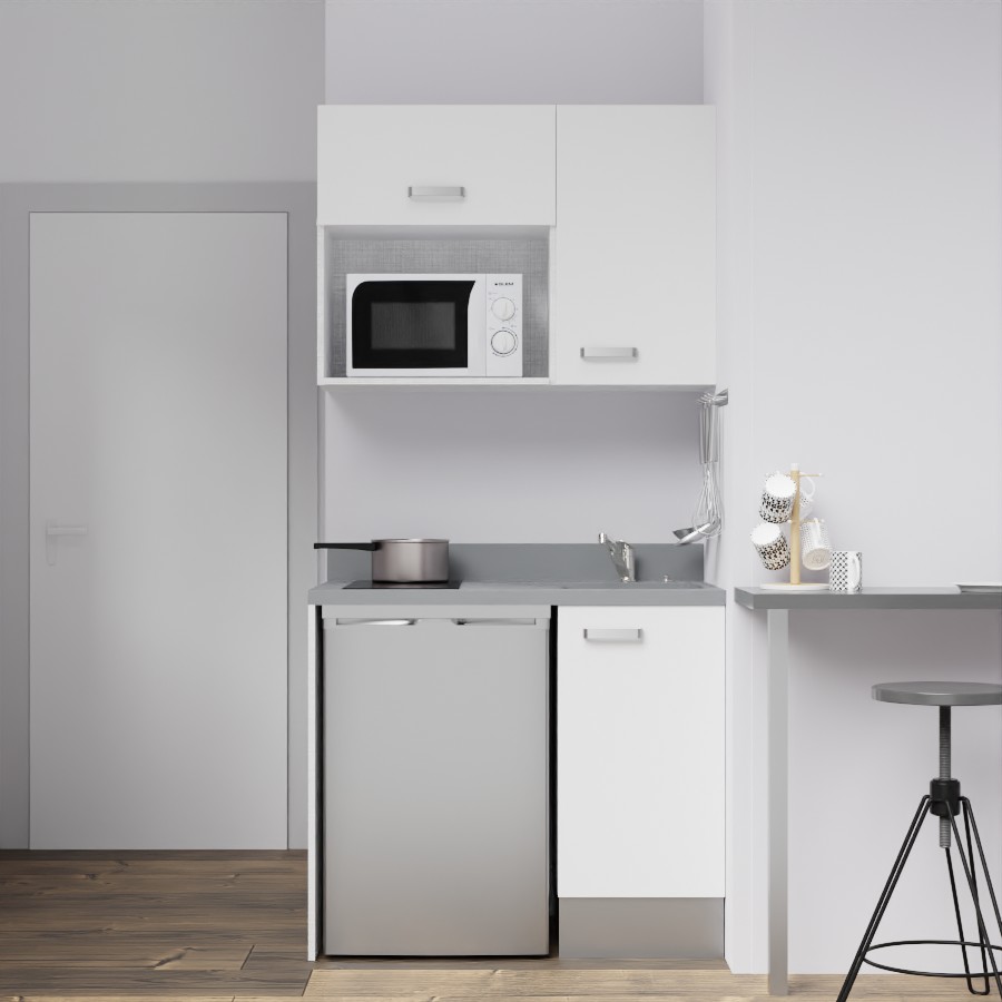 K00L : Kitchenette 100 cm Blanc, plan de travail monobloc évier à droite Cromo