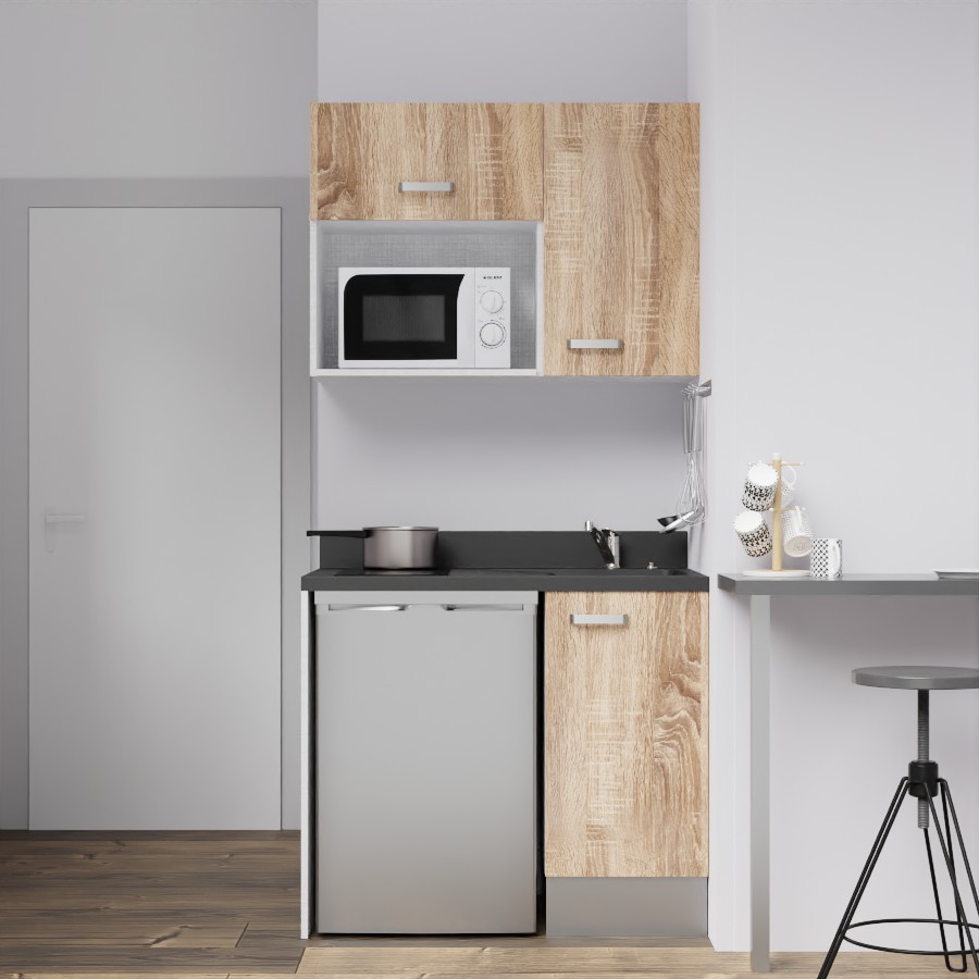 K00L : Kitchenette 100 cm Chêne, plan de travail monobloc évier à droite Nero