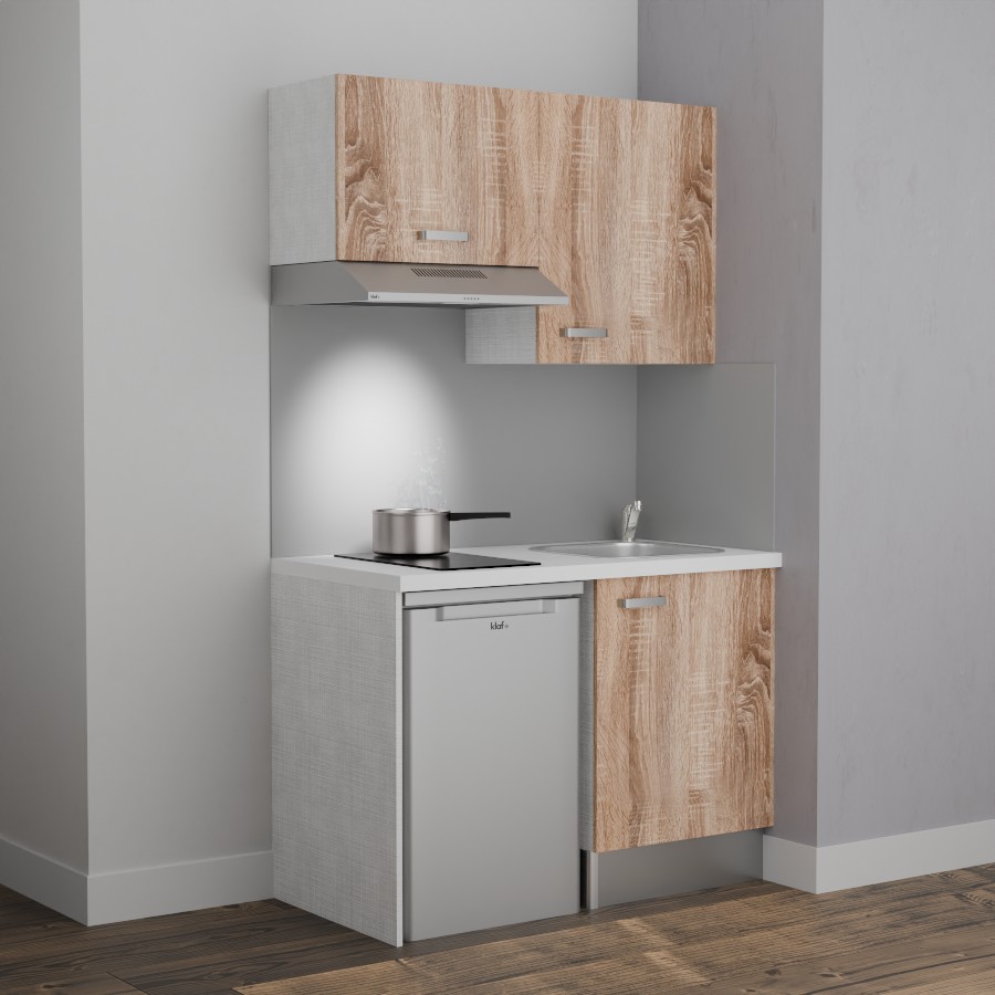 K01L-PT : Kitchenette 120 cm Chêne, plan de travail blanc, cuve inox