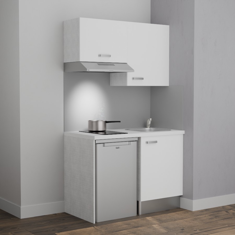 K01L-PT : Kitchenette 120 cm Blanc, plan de travail blanc, cuve inox