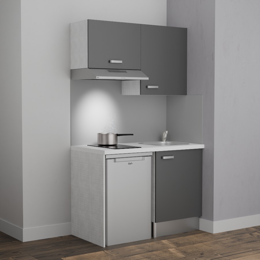 K01L-PT : Kitchenette 120 cm Gris, plan de travail blanc, cuve inox