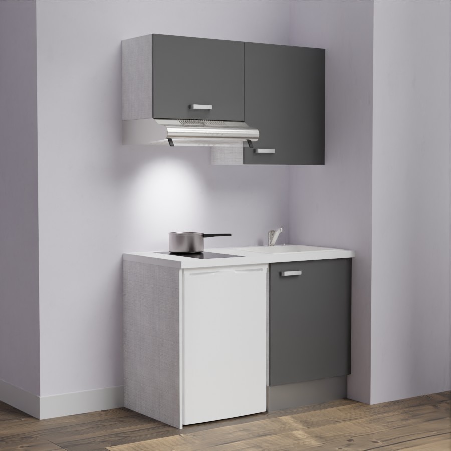 K01L-PT : Kitchenette 120 cm Gris, plan de travail blanc, cuve blanche