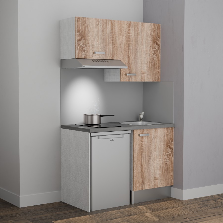 K01L-PT : Kitchenette 120 cm Chêne, plan de travail gris, cuve inox