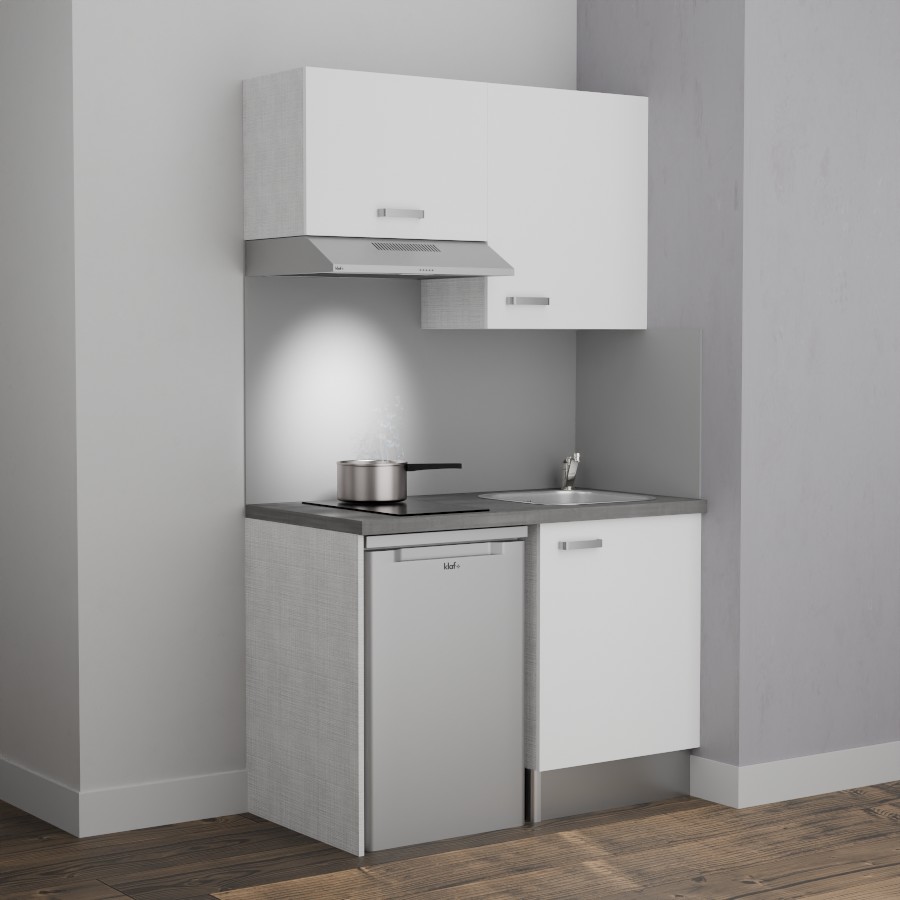 K01L-PT : Kitchenette 120 cm Blanc, plan de travail gris, cuve inox