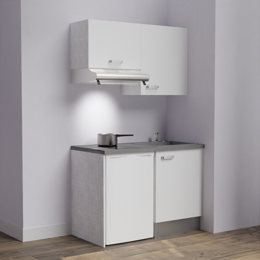 K01L-PT : Kitchenette 120 cm Blanc, plan de travail gris, cuve grise