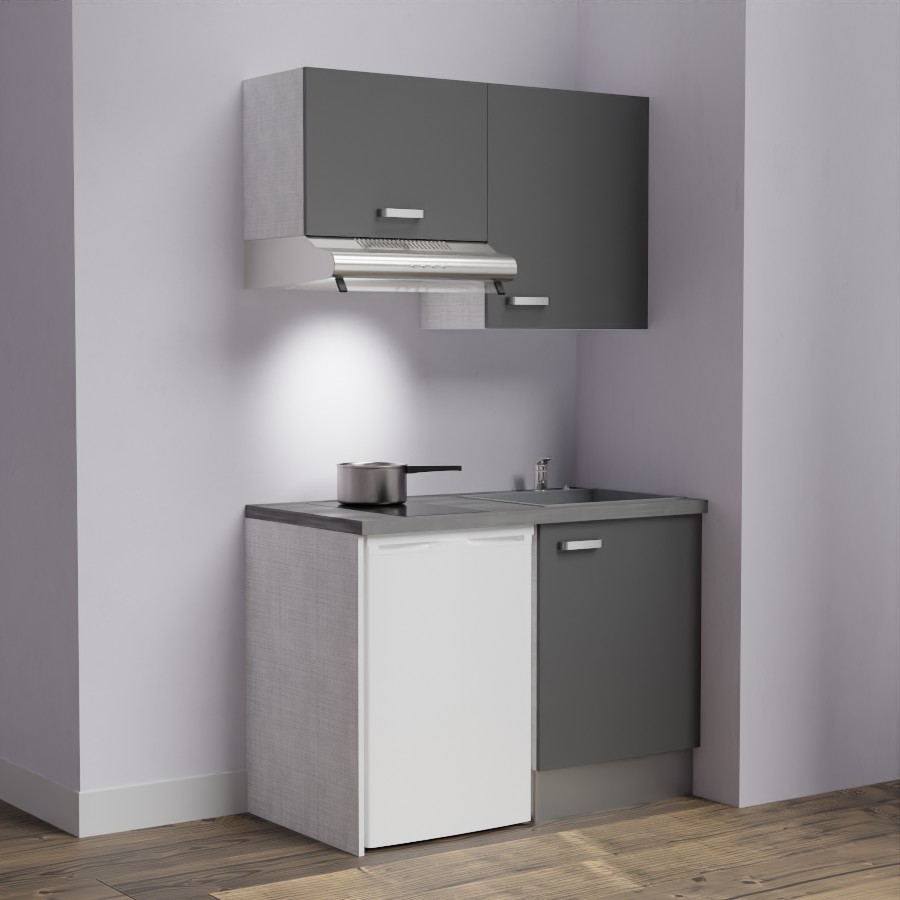 K01L-PT : Kitchenette 120 cm Gris, plan de travail gris, cuve grise