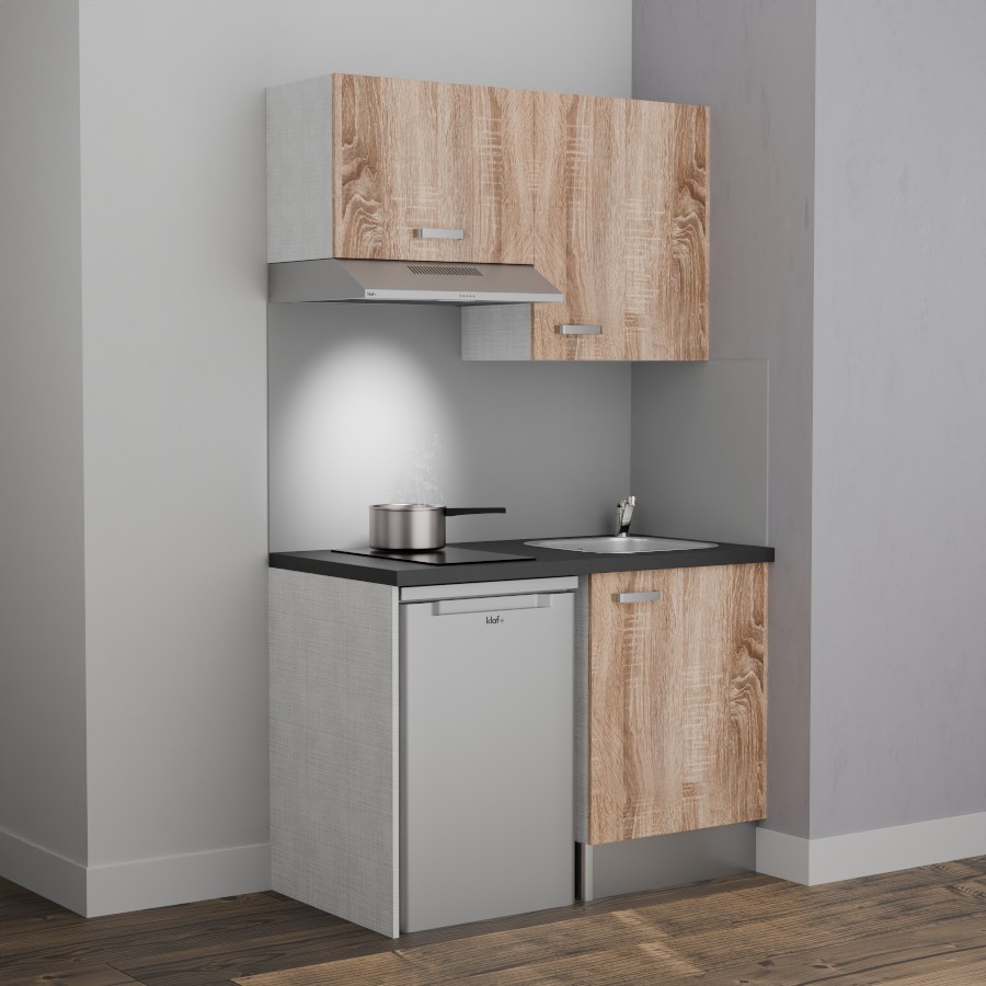 K01L-PT : Kitchenette 120 cm Chêne, plan de travail noir, cuve inox