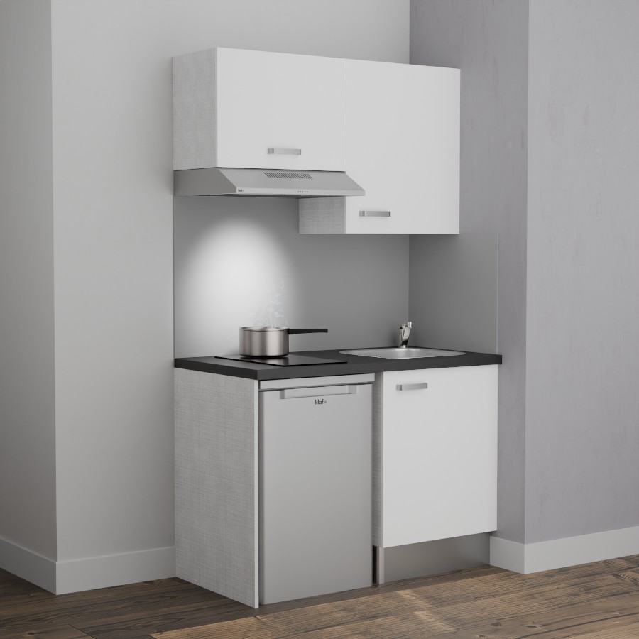 K01L-PT : Kitchenette 120 cm Blanc, plan de travail noir, cuve inox