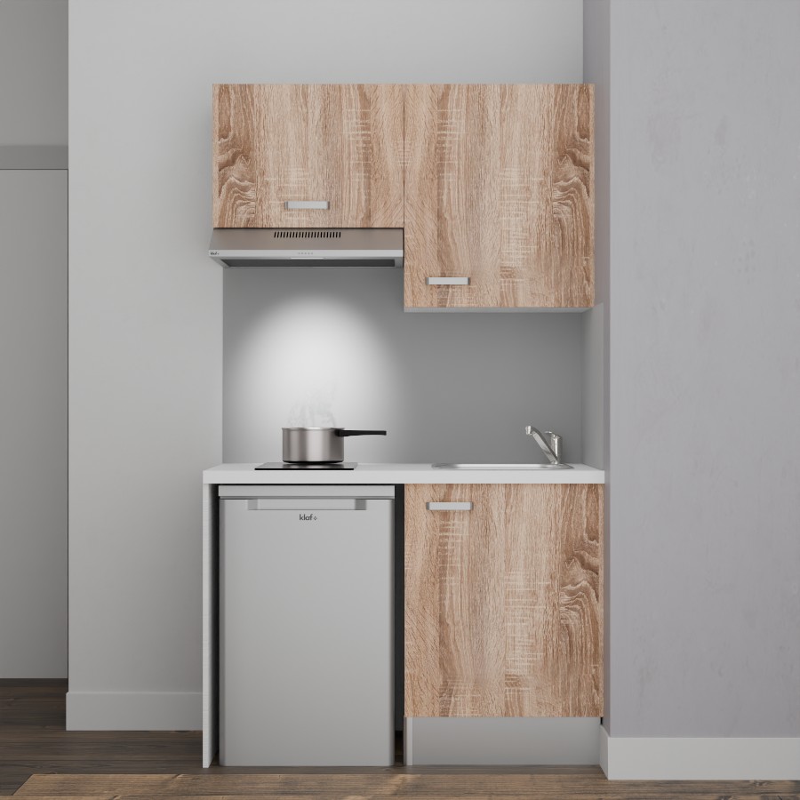 K01L-PT : Kitchenette 120 cm Chêne, plan de travail blanc, cuve inox