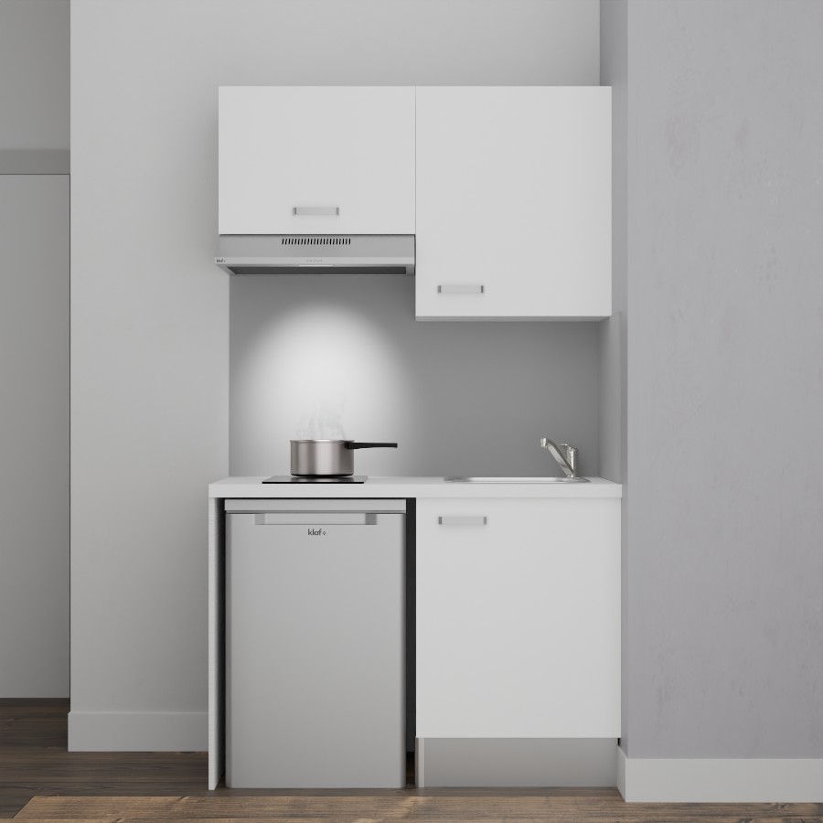 K01L-PT : Kitchenette 120 cm Blanc, plan de travail blanc, cuve inox