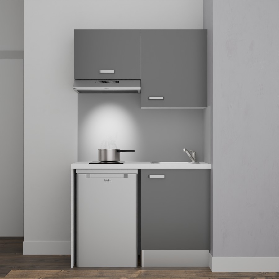 K01L-PT : Kitchenette 120 cm Gris, plan de travail blanc, cuve inox