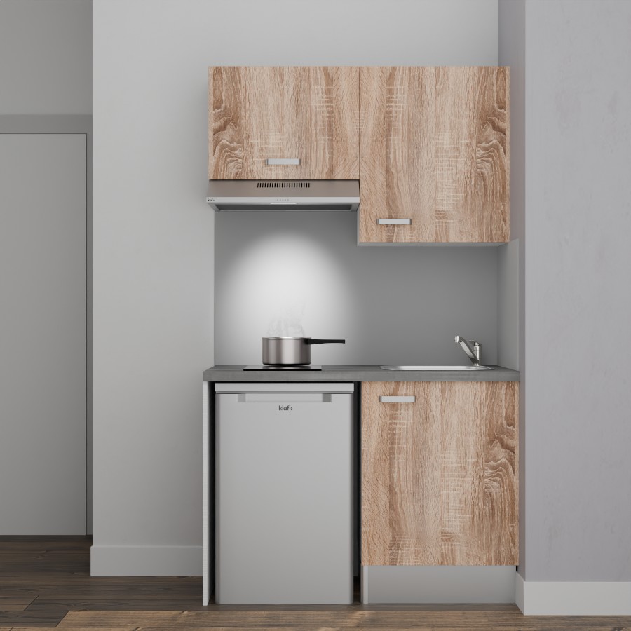 K01L-PT : Kitchenette 120 cm Chêne, plan de travail gris, cuve inox