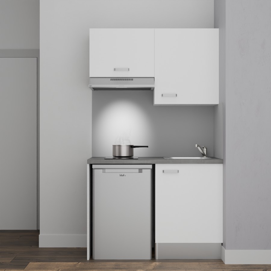 K01L-PT : Kitchenette 120 cm Blanc, plan de travail gris, cuve inox