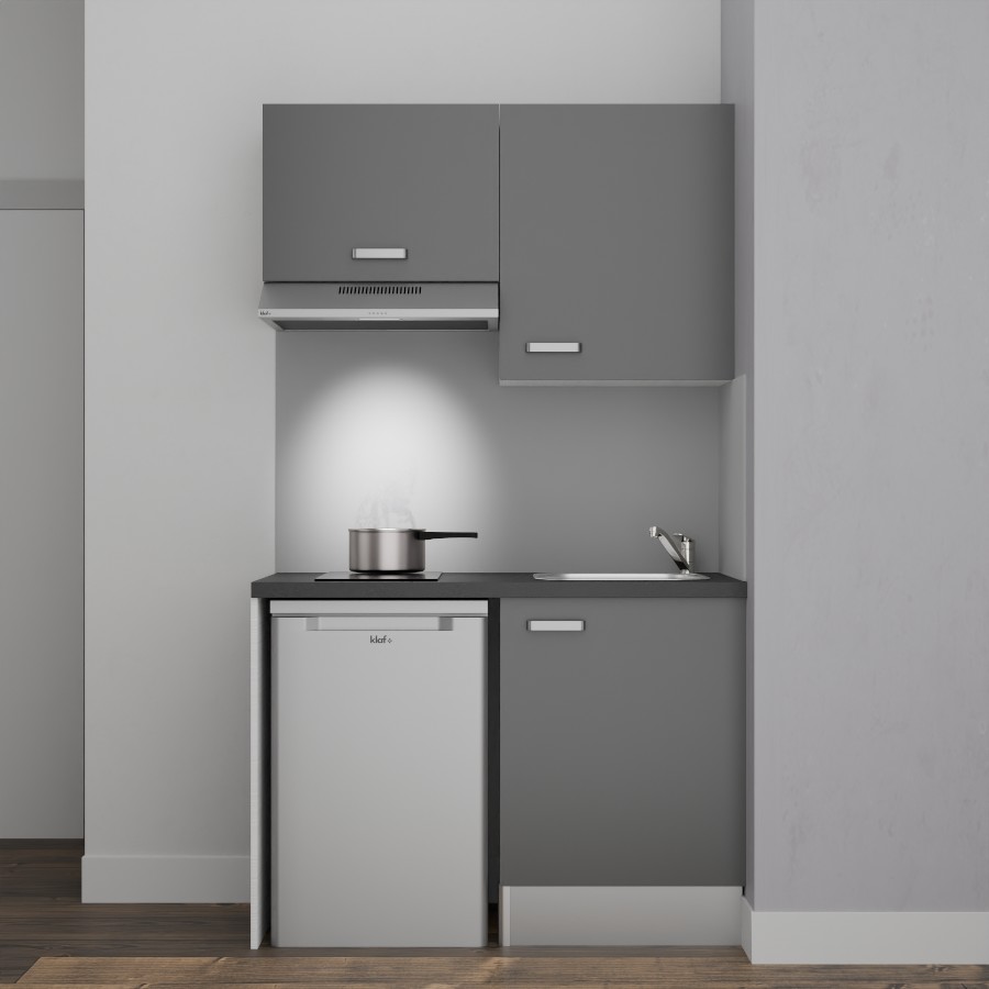 K01L-PT : Kitchenette 120 cm Gris, plan de travail noir, cuve inox