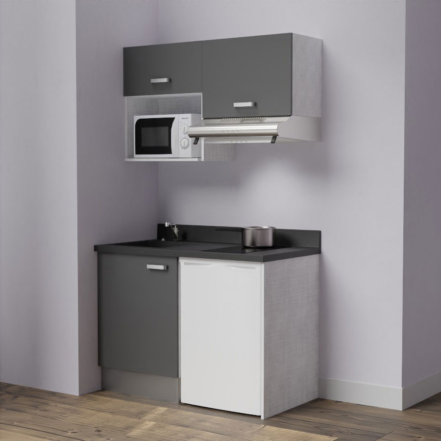 K02L : Kitchenette 120 cm Gris, plan de travail monobloc évier à gauche Nero